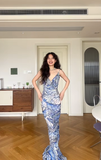 Vintage Sheath Spaghetti Strap Sexy Print Floral Chiffon Prom Dress Wedding Guest Dress HZ1023