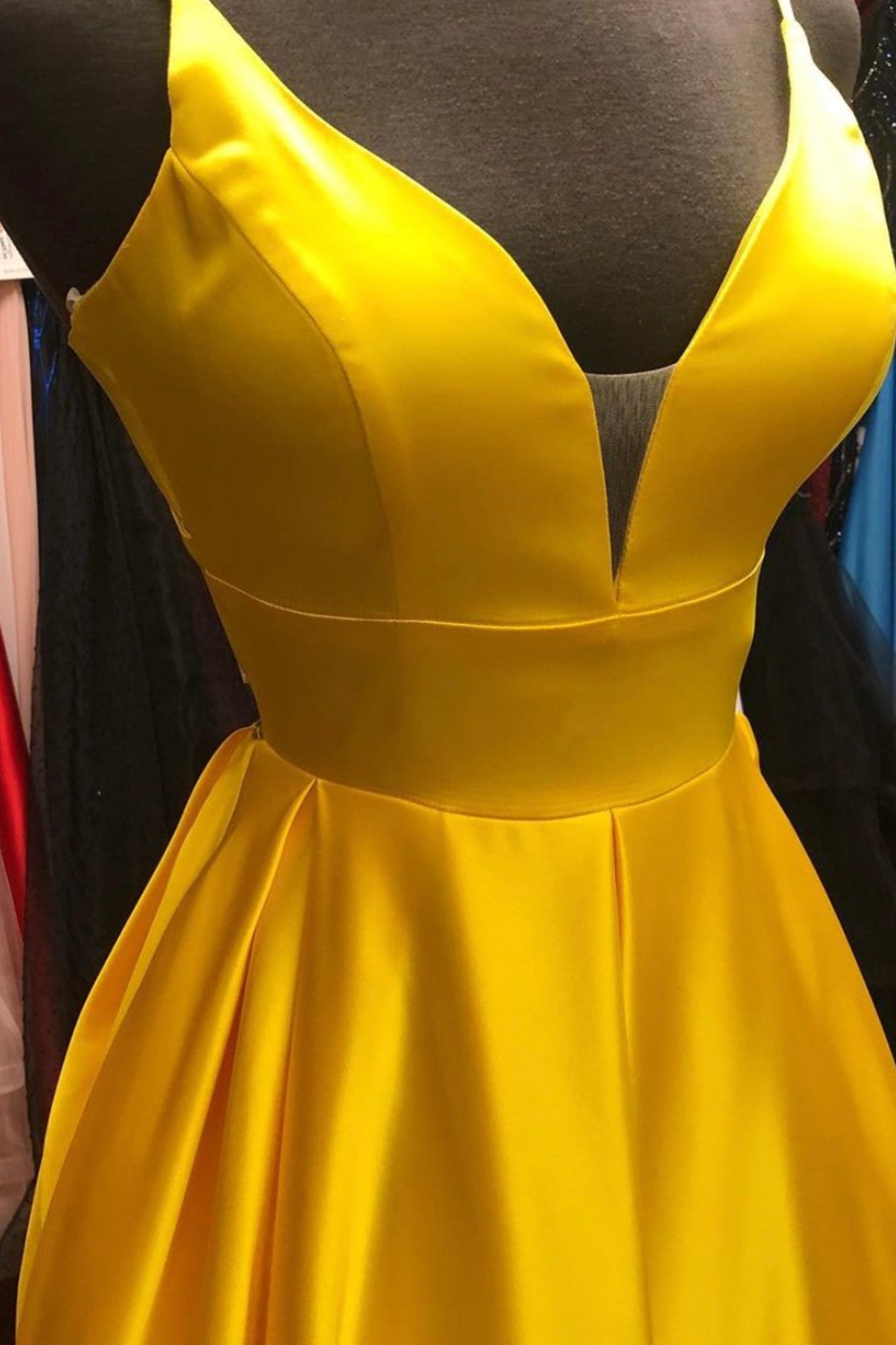 Yellow satin long A line prom dress yellow evening dress HZ1023