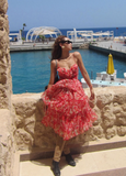 Red Print Floral A Line Spaghetti Strap Layered Chiffon Short Homecoming Dress Vacation Dresses HZ1023