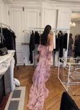 Flowy Pink A Line Spaghetti Strap Print Floral Chiffon Open Back Prom Dress Vacation Dress HZ1023