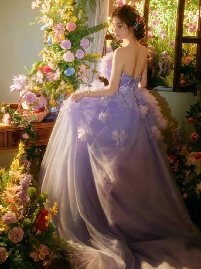 Purple Pretty Ball Gown Strapless Floral Tulle Prom Dress 16th Birthday Dress HZ1023