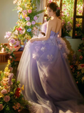 Purple Pretty Ball Gown Strapless Floral Tulle Prom Dress 16th Birthday Dress HZ1023