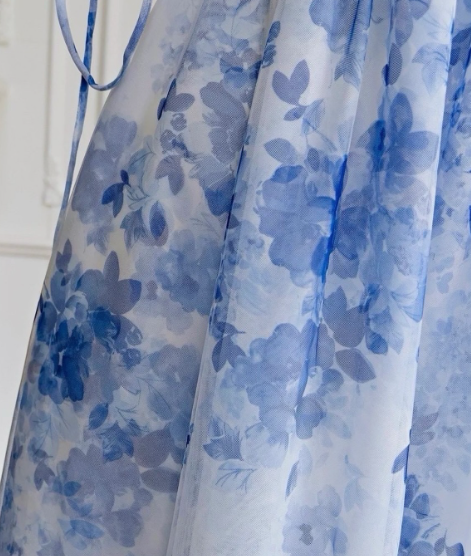 Blue Flower A Line Straps Chiffon Long Prom Dress with Slit HZ1023