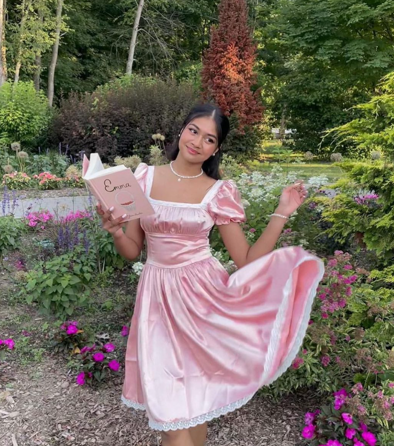 Cute Pink A Line Puff Lace Satin Short Homecoming Dress Cocktail Dress HZ1023