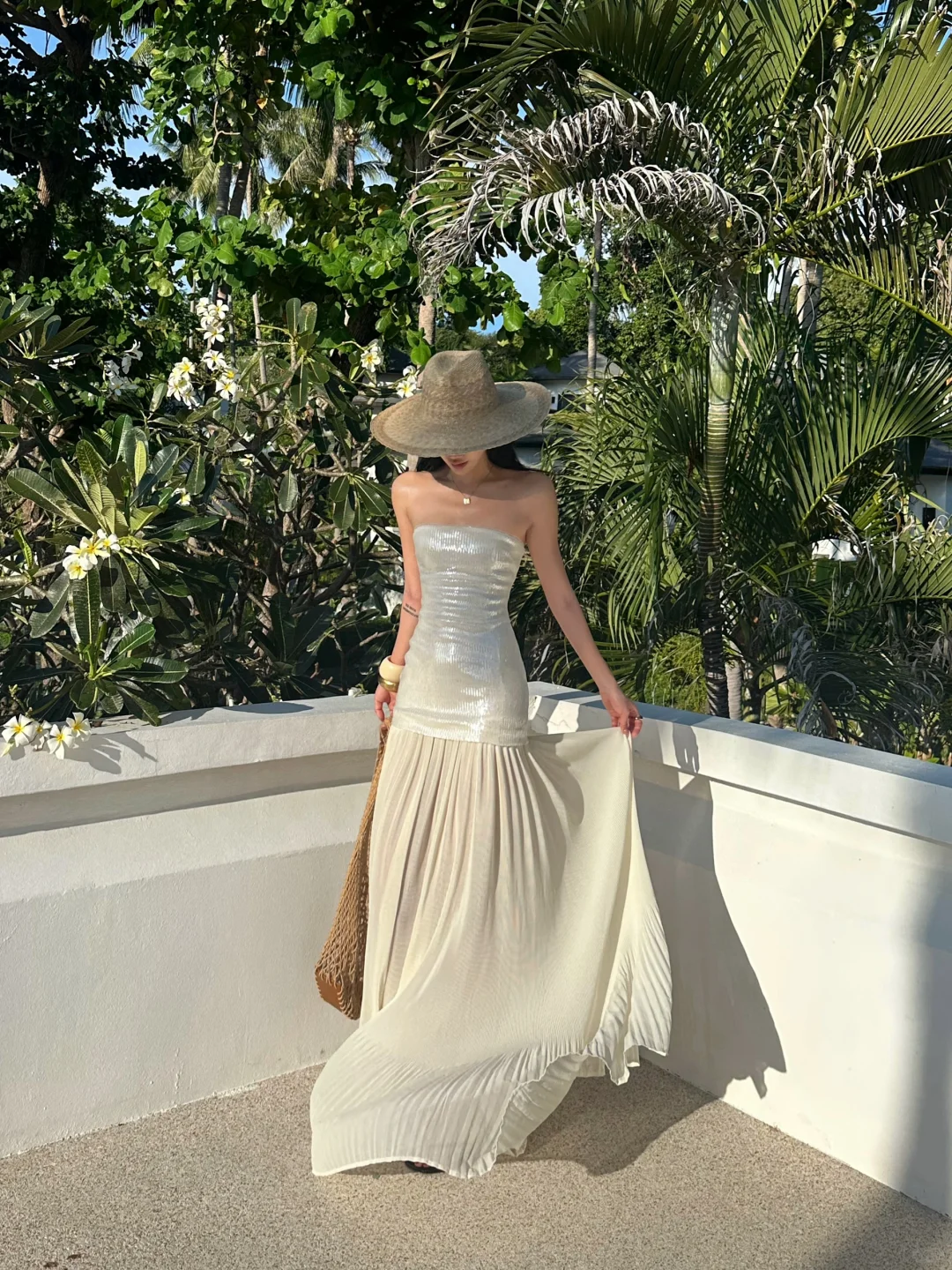 Romantic A Line Strapless White Sequin Chiffon Long Party Dress Evening Dress HZ1023
