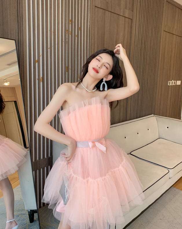 Pink A Line Strapless Tulle Short Outfit Party Dress Homecoming Dress Birthday Dress HZ1023
