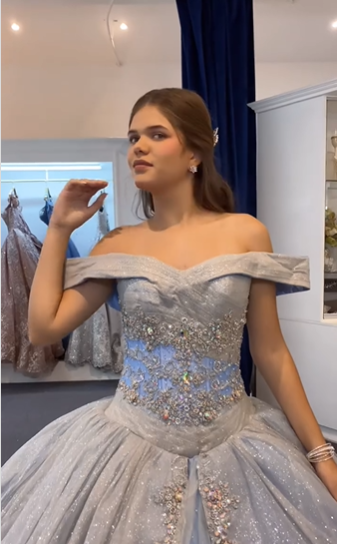 Blue Ball Gown Off the Shoulder Beaded Sequin Sweet 16 Dress Quinceanera Dress HZ1023