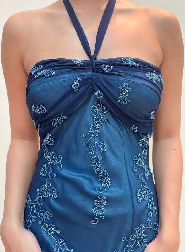 Vintage Mermaid Halter Beaded Navy Blue Chiffon Prom Dress Evening Dress HZ1023