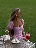 Romantic A Line Off the Shoulder Pink Print Floral Satin Vacation Dress Outfits with Slit HZ1023