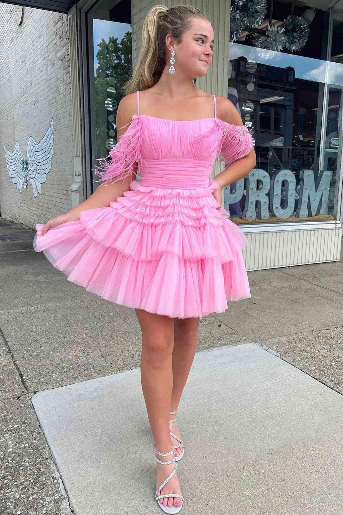 Off The Shoulder Pleated Tiered Tulle Party Dress,Pretty Homecoming Dress HZ1023
