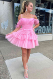Off The Shoulder Pleated Tiered Tulle Party Dress,Pretty Homecoming Dress HZ1023