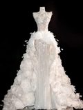 3D Flower White A Line Sweetheart Neck Rhinestone Tulle Long Prom Dress HZ1023