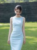 Baby Blue Sheath Round Neck Satin Prom Dress Evening Dress Party Dress HZ1023