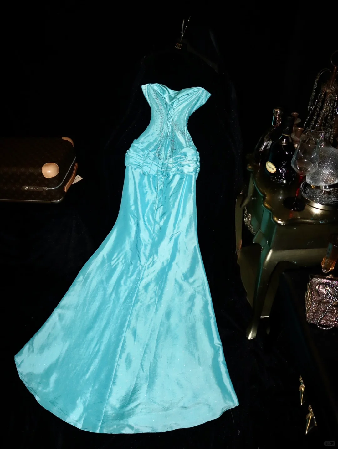 Vintage Mermaid Sweetheart Neck Beaded Blue Satin Long Prom Dress Evening Dress HZ1023