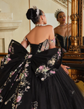 Black Off the Shoulder Appliques Beaded Tulle Prom Dress Quinceanera Dress Ball Gown with Bow HZ1023