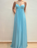2025 New A Line Spaghetti Strap Beaded Sequin Blue Chiffon Prom Dress Evening Dress HZ1023