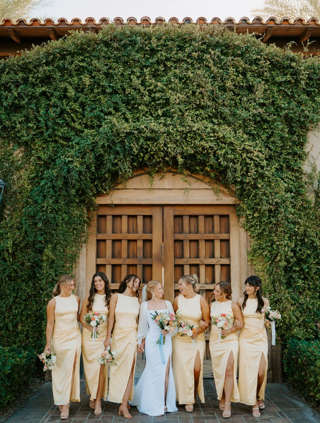 Backless A Line Round Neck Light Yellow Satin Long Bridesmaid Dress Evening Dress with Slit HZ1023