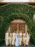Backless A Line Round Neck Light Yellow Satin Long Bridesmaid Dress Evening Dress with Slit HZ1023