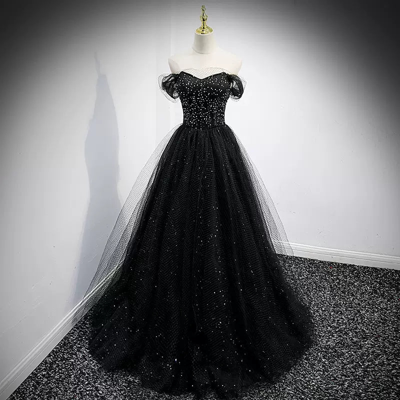 A line Off the Shoulder Black Long Prom Dresses HZ1023