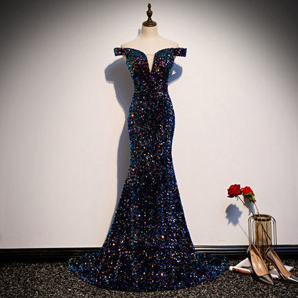 Simple Mermaid Prom Dresses Navy Blue Sequin Evening Dress HZ1023