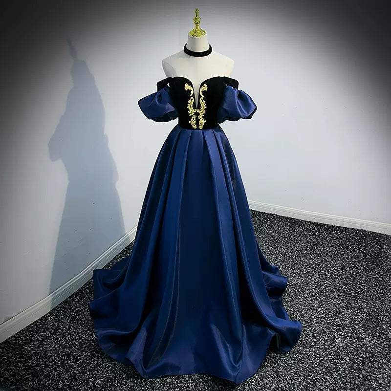 Navy Blue Puffy Sleeves Prom Dresses Sexy Evening Dress HZ1023