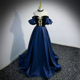 Navy Blue Puffy Sleeves Prom Dresses Sexy Evening Dress HZ1023