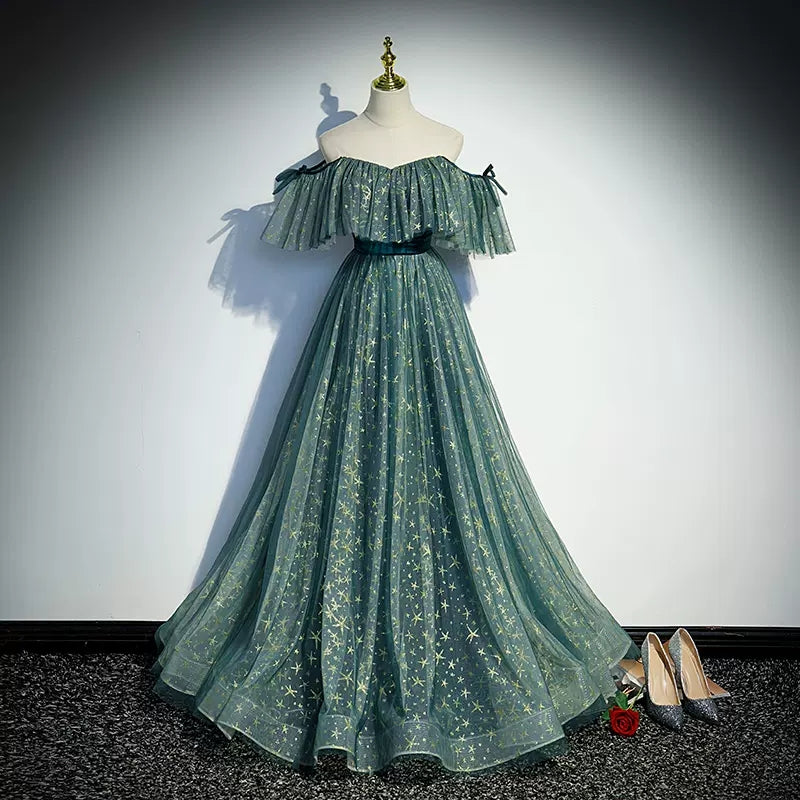A line Off the Shoulder Green Tulle Prom Dresses HZ1023