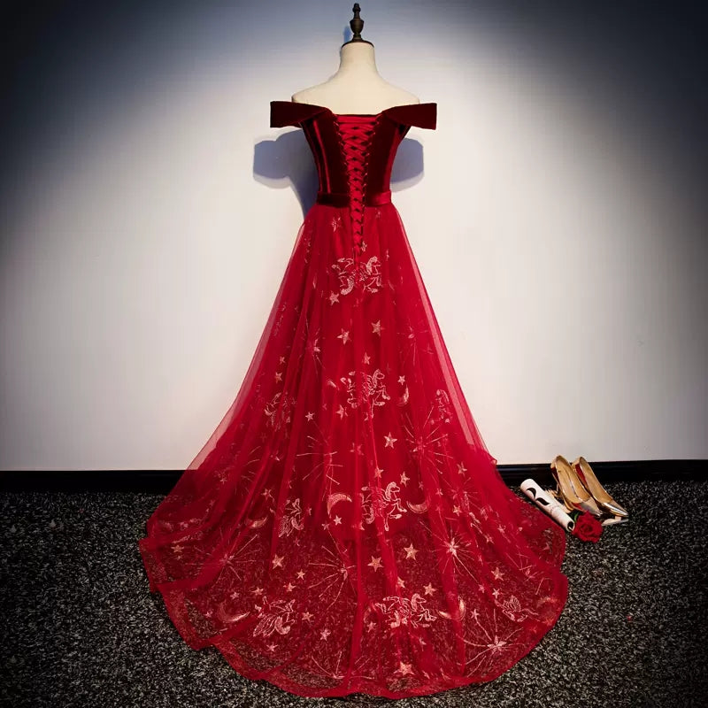 Off The Shoulder Red Tulle Prom Dresses HZ1023