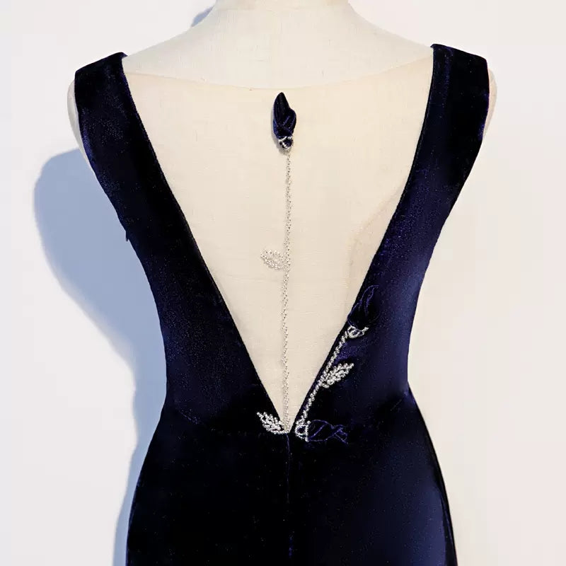 Mermaid V neckline Sleeveless Navy Blue Prom Dresses HZ1023