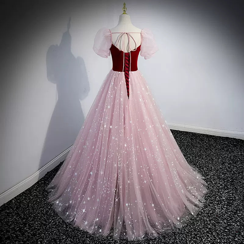 Princess Pink Short Sleeves Tulle Prom Dresses Sexy Evening Dress HZ1023