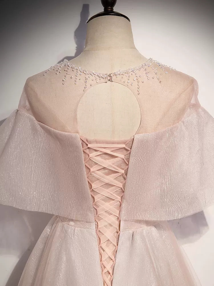 A line Short Sleeves Tulle Pink Prom Dresses HZ1023