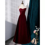 Simple A line Velvet Red Long Prom Dresses HZ1023