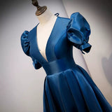A line Short Sleeves Long Blue Prom Dresses HZ1023