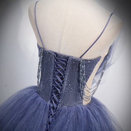 A Line Tulle Prom Dresses Straps Blue Evening Dress HZ1023