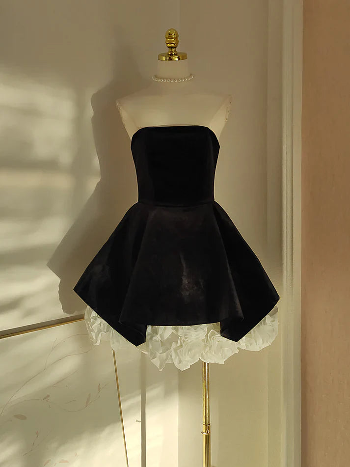 Cute A Line Strapless Velvet Black Holiday Dress Travel Vacation Dresses Short Birthday Dress HZ1023