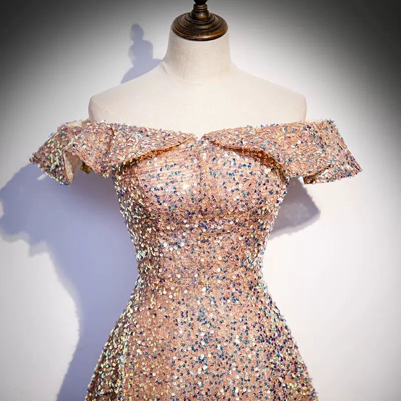 A line Off the Shoulder Pink Sequin Long Prom Dresses HZ1023