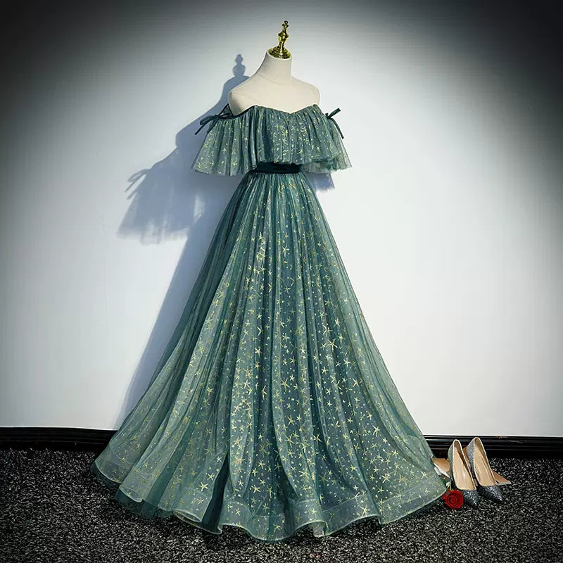 A line Off the Shoulder Green Tulle Prom Dresses HZ1023