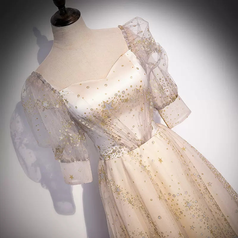 A line Short Puffy Sleeves Tulle Prom Dresses HZ1023