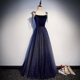Simple A line Prom Dresses Navy Blue Tulle Evening Dress HZ1023