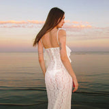 White Mermaid Spaghetti Straps Lace Long Prom Dress Evening Dress HZ1023