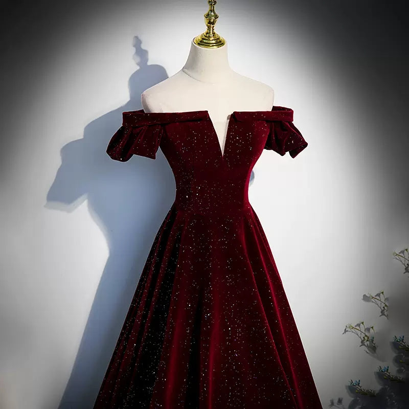 Off The Shoulder Velvet Red Prom Dresses Sexy Evening Dress HZ1023