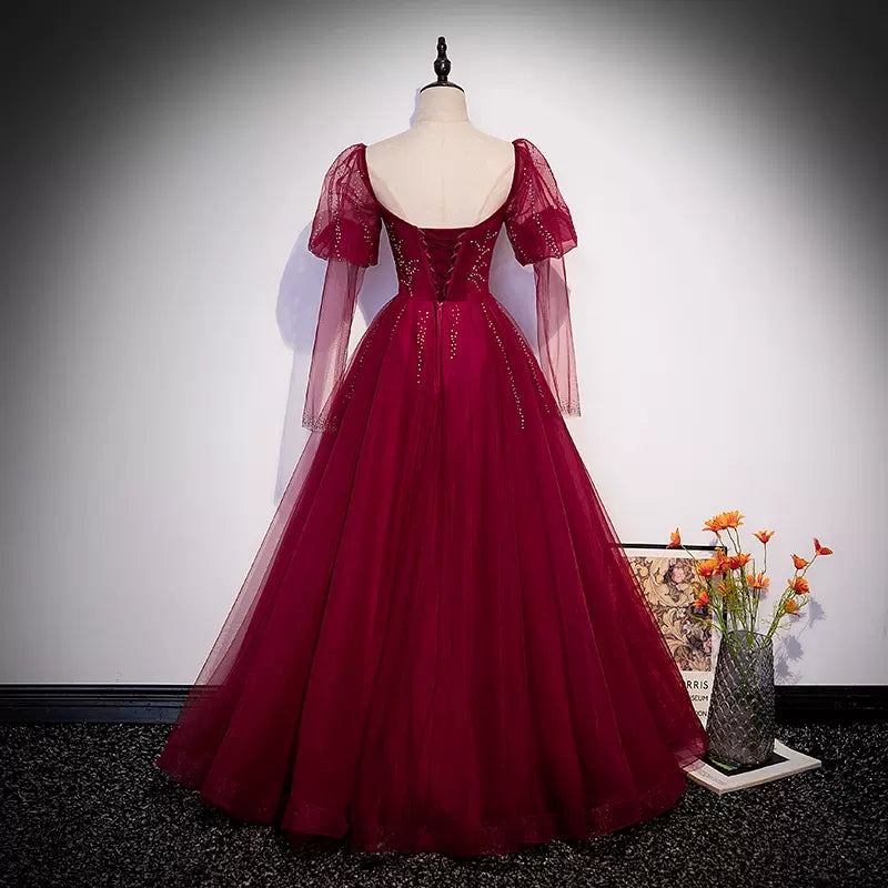 Simple A line Long Tulle Red Prom Dresses HZ1023