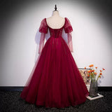 Simple A line Long Tulle Red Prom Dresses HZ1023