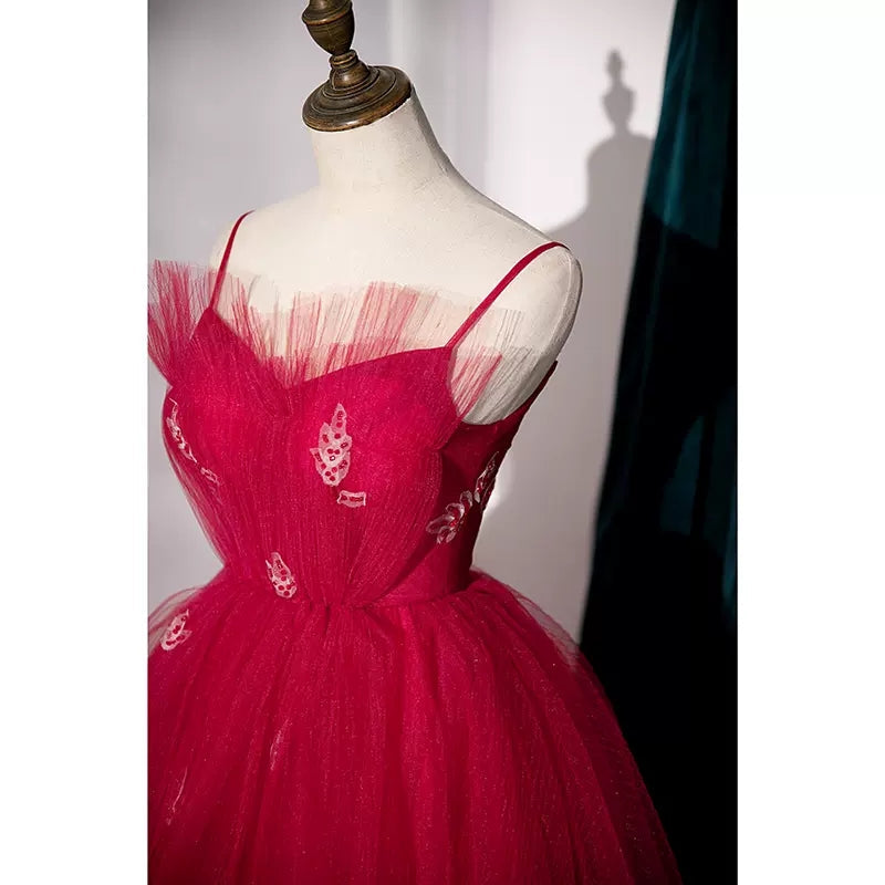 Simple A line Tulle Red Long Prom Dresses HZ1023