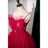 Simple A line Tulle Red Long Prom Dresses HZ1023
