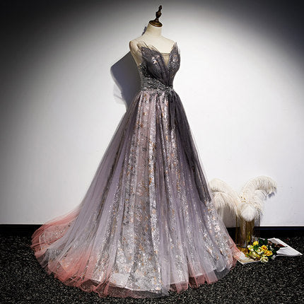 A line Short Sleeves Long Tulle Prom Dresses HZ1023