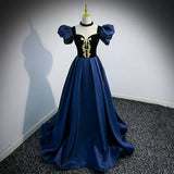 Navy Blue Puffy Sleeves Prom Dresses Sexy Evening Dress HZ1023