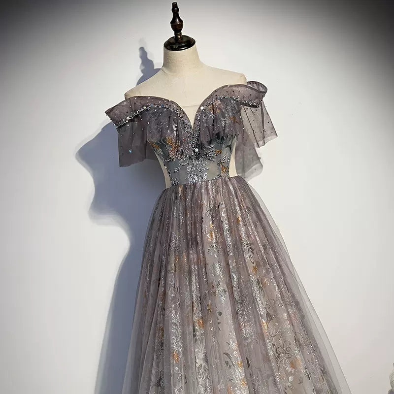 Off The Shoulder Sequin Lace Prom Dresses Sexy Prom Dress HZ1023