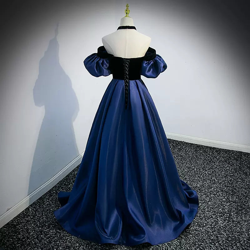 Navy Blue Puffy Sleeves Prom Dresses Sexy Evening Dress HZ1023