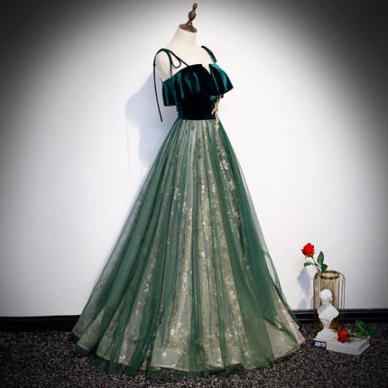 A line Spaghetti Straps Green Sequin Lace Prom Dresses HZ1023